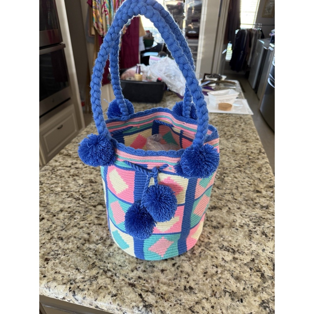 Bag Wayuu Mochila Bucket Boho Colombia Rioacha Blue Peach Coral Crochet New 4733